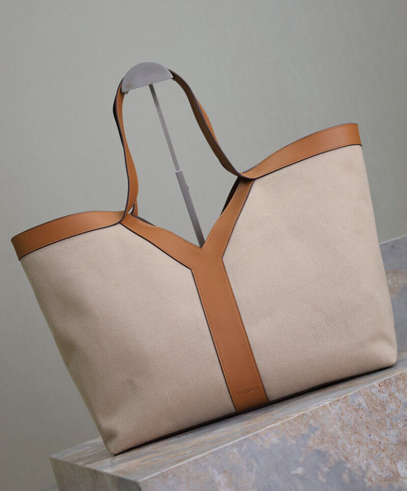 Saint Laurent Y Leather And Canvas Tote Bag Coffee